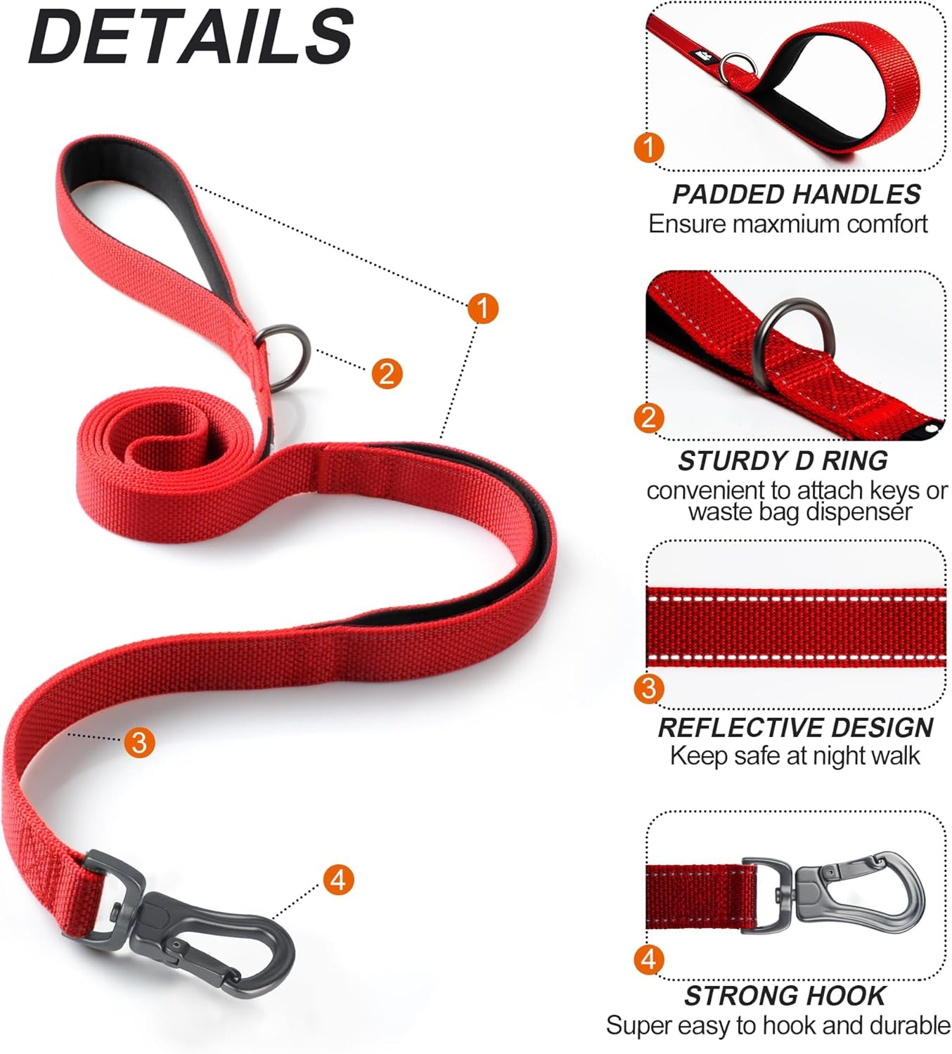 4FT 1IN Durable Red Dog Leash with Dual Padded Handles and Traffic Control, Featuring Comfortable Grip, Auto Lock Hook, and Reflective Design for Small to Large Dogs