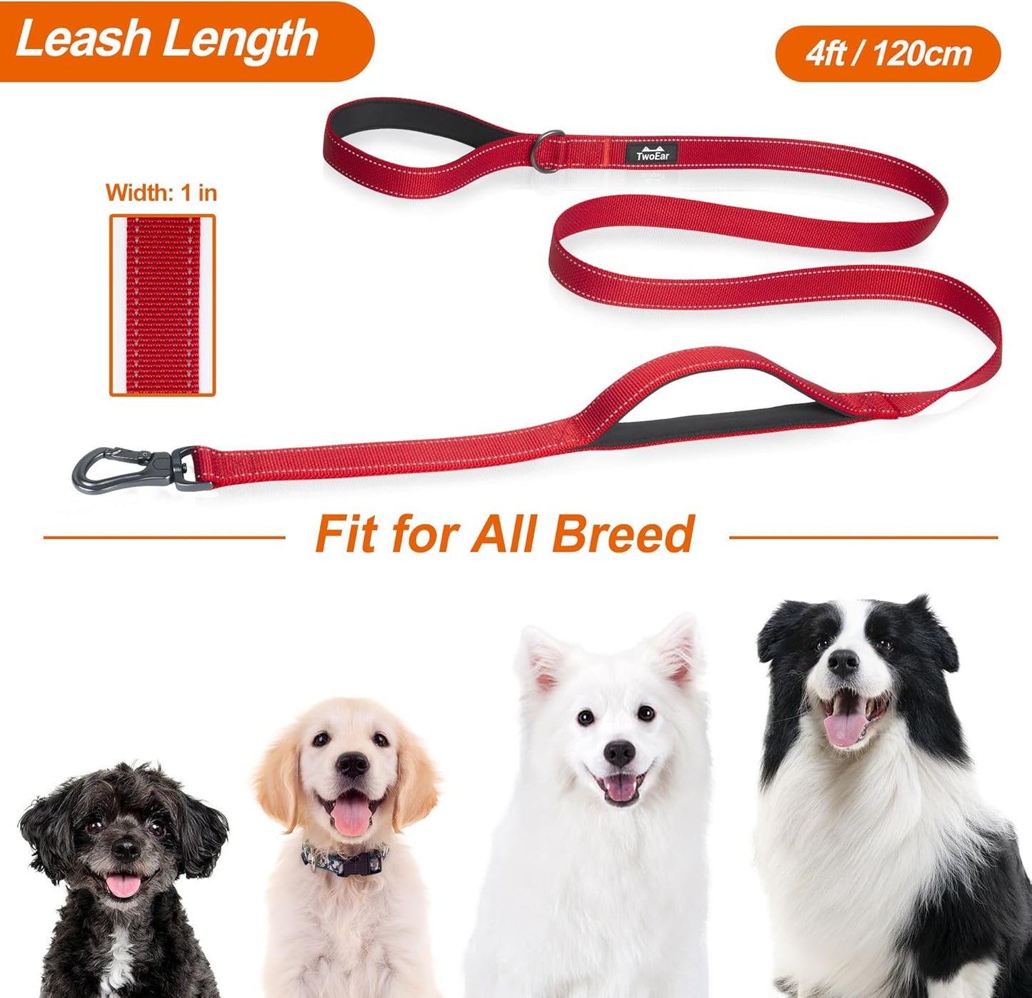 4FT 1IN Durable Red Dog Leash with Dual Padded Handles and Traffic Control, Featuring Comfortable Grip, Auto Lock Hook, and Reflective Design for Small to Large Dogs