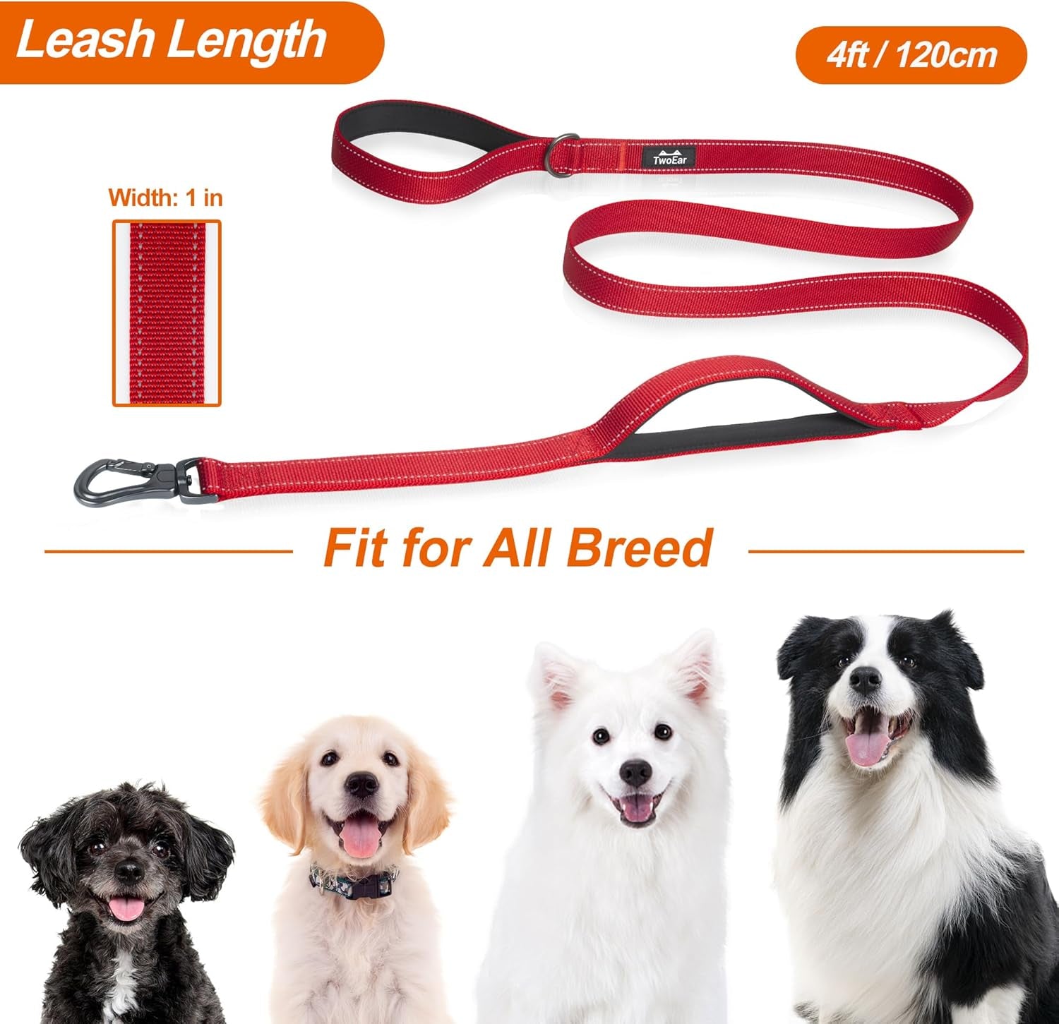 4FT 1IN Durable Red Dog Leash with Dual Padded Handles and Traffic Control, Featuring Comfortable Grip, Auto Lock Hook, and Reflective Design for Small to Large Dogs