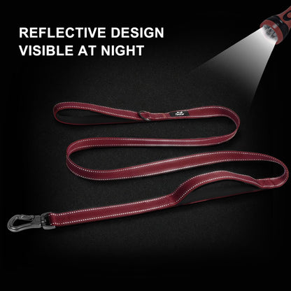 4FT 1IN Durable Red Dog Leash with Dual Padded Handles and Traffic Control, Featuring Comfortable Grip, Auto Lock Hook, and Reflective Design for Small to Large Dogs
