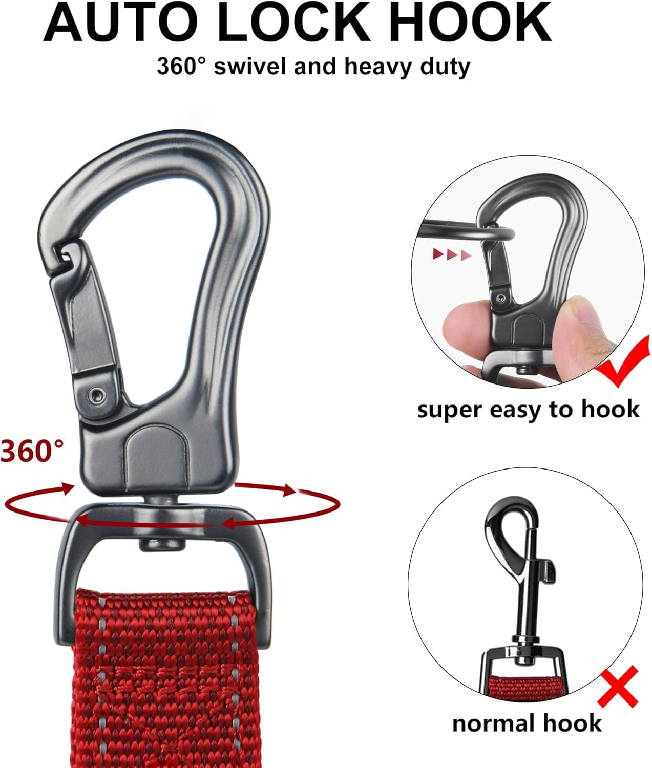 4FT 1IN Durable Red Dog Leash with Dual Padded Handles and Traffic Control, Featuring Comfortable Grip, Auto Lock Hook, and Reflective Design for Small to Large Dogs